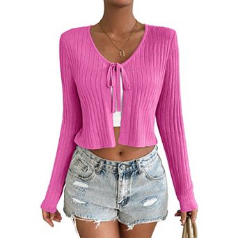 Womens Lightweight Long Sleeve Cardigan Tie Front Shrugs Knit Cardigan Crop Tops