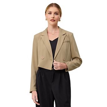 Women's Cropped Blazers Notched Lapel Double Breasted Long Sleeve Business Casual Suit Jackets