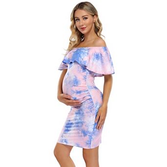 Maternity Outfits Women's Maternity Dress Off Shoulder Casual Maxi Dress Rainbow Maternity Dress