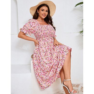 Plus Short Sleeve Floral Midi Dress