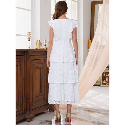 Women's Lace Dress for Wedding Guest Cocktail Evening Ruffle Cap Sleeves  Tiered A-Line Maxi Dresses