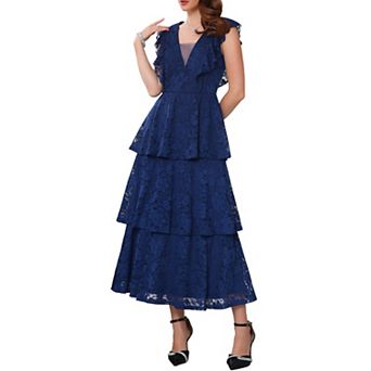 Women's Lace Dress for Wedding Guest Cocktail Evening Ruffle Cap Sleeves Tiered A-Line Maxi Dresses