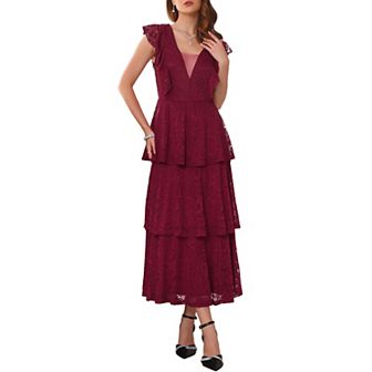 Women's Lace Dress for Wedding Guest Cocktail Evening Ruffle Cap Sleeves Tiered A-Line Maxi Dresses