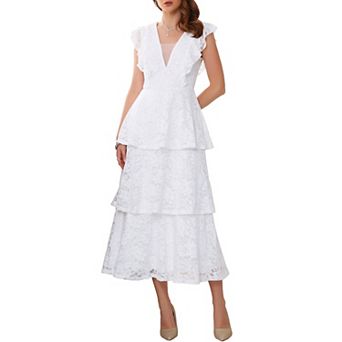 Women's Lace Dress for Wedding Guest Cocktail Evening Ruffle Cap Sleeves Tiered A-Line Maxi Dresses
