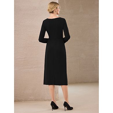 Women's Knee Length Pencil Dress Long Sleeve Tie Waist Church Work Sheath Dresses