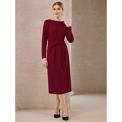 Women's Knee Length Pencil Dress Long Sleeve Tie Waist Church Work Sheath Dresses