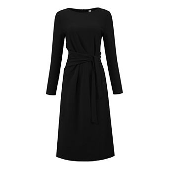 Women's Knee Length Pencil Dress Long Sleeve Tie Waist Church Work Sheath Dresses