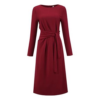 Women's Knee Length Pencil Dress Long Sleeve Tie Waist Church Work Sheath Dresses