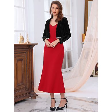 Women's Velvet Shrug Dresses Evening Long Sleeve Sparkle Trim Bridal Wedding Elegant Cocktail Bolero