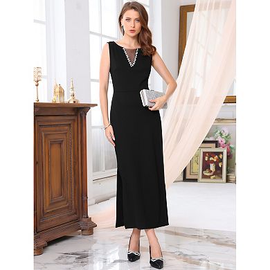 Women's Sleeveless Formal Dress Mesh V Neck Cocktail Evening Wedding Guest Maxi Dress