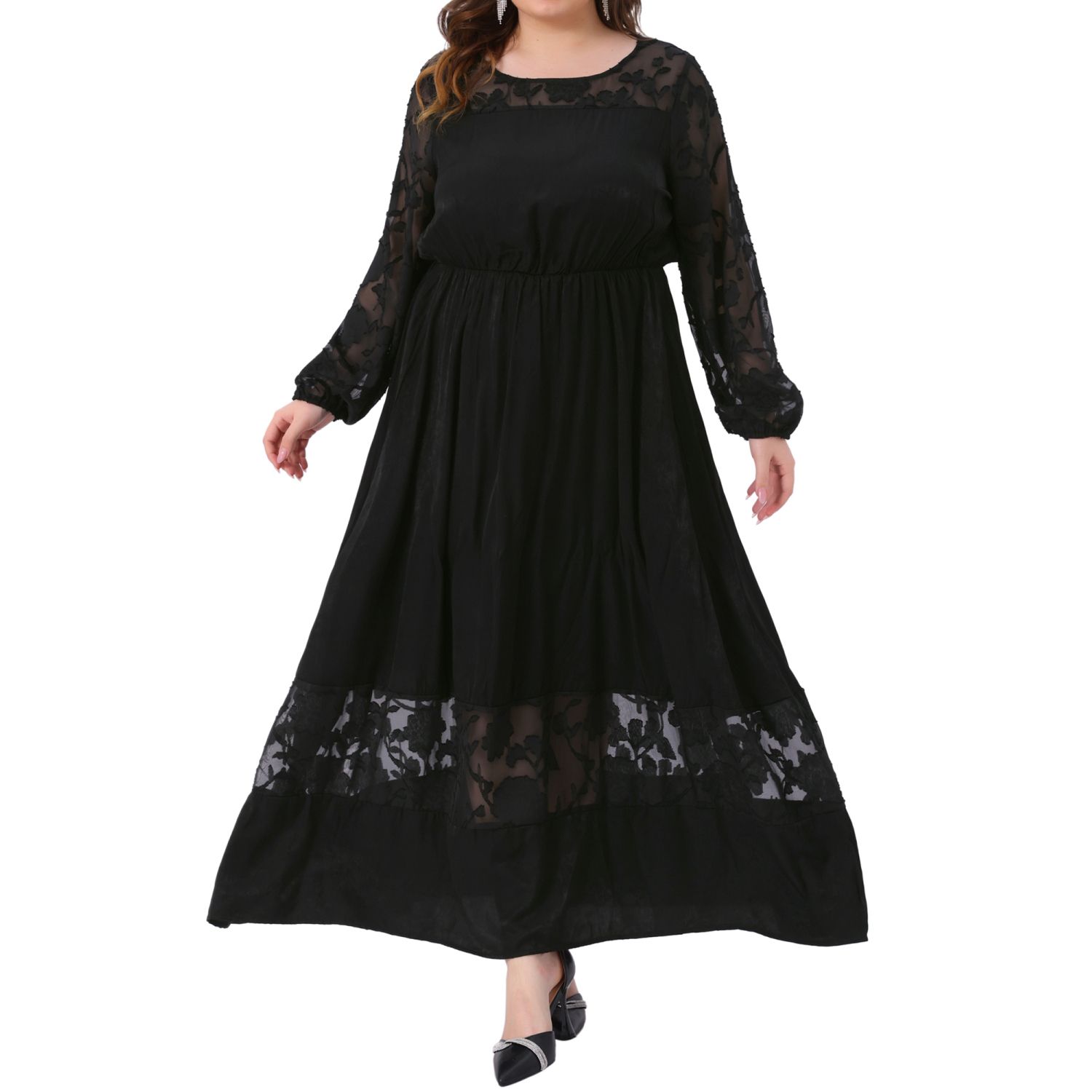Plus Size Women's Long Sleeve Wedding Guest Lace Formal Party Cocktail  Sheer Mesh Elegant Maxi Dress