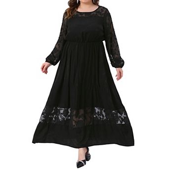 Plus Size Women's Long Sleeve Wedding Guest Lace Formal Party Cocktail Sheer Mesh Elegant Maxi Dress