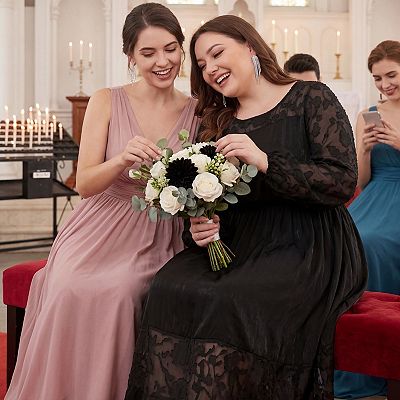 Plus Size Women's Long Sleeve Wedding Guest Lace Formal Party Cocktail  Sheer Mesh Elegant Maxi Dress