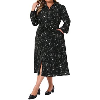 Plus Size Women's Polo Long Sleeve Belted Midi Dress Flowy Floral Pattern Dress with Pockets Casual