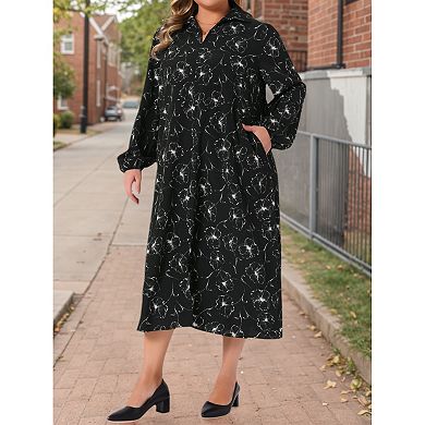 Plus Size Women's Polo Long Sleeve Belted Midi Dress Flowy Floral Pattern Dress with Pockets Casual