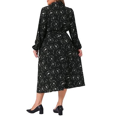 Plus Size Women's Polo Long Sleeve Belted Midi Dress Flowy Floral Pattern Dress with Pockets Casual