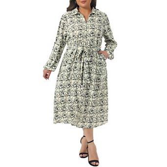 Plus Size Women's Polo Long Sleeve Belted Midi Dress Flowy Floral Pattern Dress with Pockets Casual