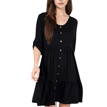 Women's V-Neck Button-Front Babydoll Dress with 3/4 Sleeves and Tiered Ruffle Hem