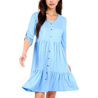 Women's V-Neck Button-Front Babydoll Dress with 3/4 Sleeves and Tiered Ruffle Hem