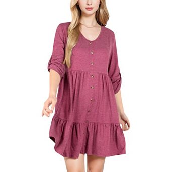 Women's V-Neck Button-Front Babydoll Dress with 3/4 Sleeves and Tiered Ruffle Hem