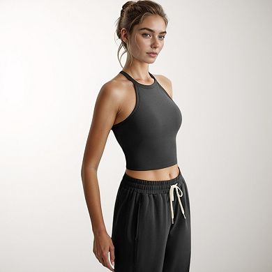Women's High Neck Cropped Tank Top with Racer Style Straps and Seamless Fit