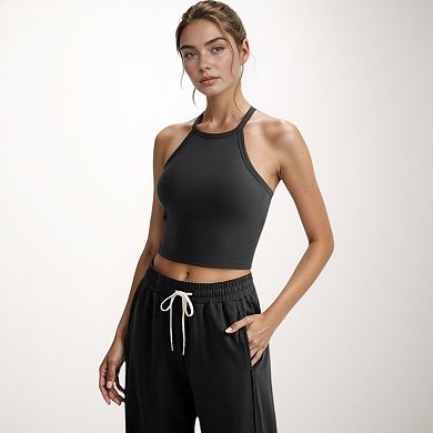 Women's High Neck Cropped Tank Top with Racer Style Straps and Seamless Fit