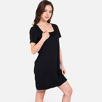 Women's Square Neck Short Sleeve Shift Dress with Front Pockets