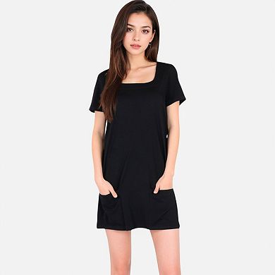 Women's Square Neck Short Sleeve Shift Dress with Front Pockets