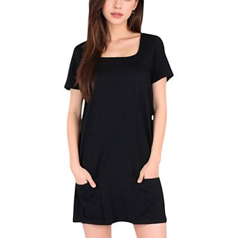 Women's Square Neck Short Sleeve Shift Dress with Front Pockets