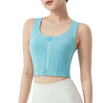 Women's Zip-Up Cropped Athletic Tank Top with Built-In Bra and Contoured Seam Design
