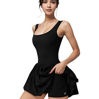Women's Sleeveless Fitted Bodysuit Dress with Bubble Hem Skirt and Scoop Neck