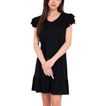 Women's Ruffle Sleeve V-Neck Dress with Tiered Hem and Relaxed Fit