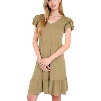 Women's Ruffle Sleeve V-Neck Dress with Tiered Hem and Relaxed Fit