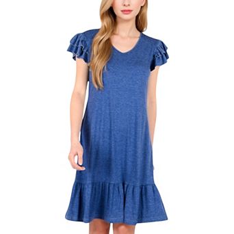 Women's Ruffle Sleeve V-Neck Dress with Tiered Hem and Relaxed Fit