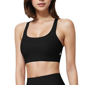 Women's Seamless Ribbed Sports Bra with Scoop Neck and Wide Straps