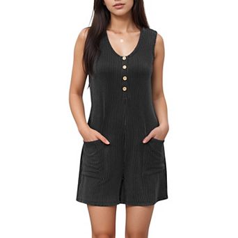 Women's Textured Knit Sleeveless Romper with Button Front Detail and Side Pockets