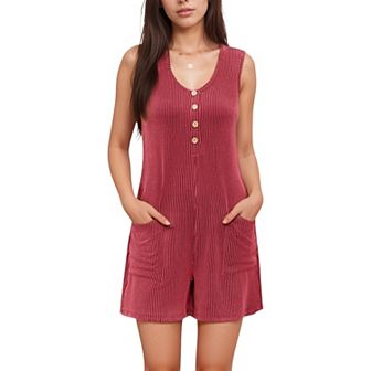 Women's Textured Knit Sleeveless Romper with Button Front Detail and Side Pockets