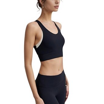 Women's Scoop Neck Sports Bra with Wide Shoulder Straps and Elastic Band for Medium Support