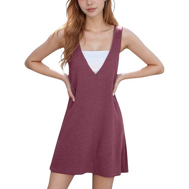 Anna-Kaci Women's Sleeveless V-Neck Mini Jumper Dress with Ribbed Knit Texture and A-Line Silhouette, XL 16-18 / Rustic Red