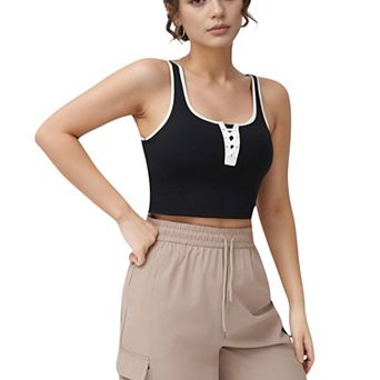 Women's Cropped Tank Top with Contrast Trim and Lace-Up Front Detail