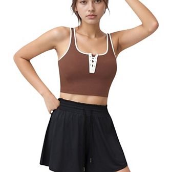 Women's Cropped Tank Top with Contrast Trim and Lace-Up Front Detail