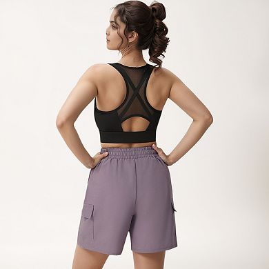 Women's Front Zip Crop Sports Bra with Scoop Neckline and Wide Shoulder Straps for Medium Support