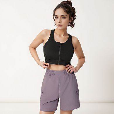 Women's Front Zip Crop Sports Bra with Scoop Neckline and Wide Shoulder Straps for Medium Support