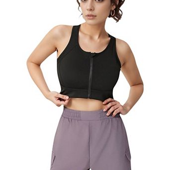 Women's Front Zip Crop Sports Bra with Scoop Neckline and Wide Shoulder Straps for Medium Support
