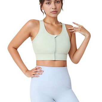 Women's Front Zip Crop Sports Bra with Scoop Neckline and Wide Shoulder Straps for Medium Support