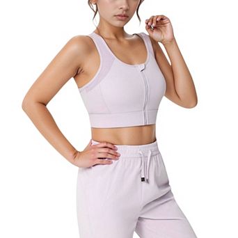 Women's Front Zip Crop Sports Bra with Scoop Neckline and Wide Shoulder Straps for Medium Support