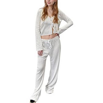 Women's Ribbed Knit Lounge Set with Tie Front Long Sleeve Top and Drawstring Pants