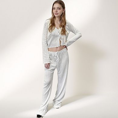 Women's Ribbed Knit Lounge Set with Tie Front Long Sleeve Top and Drawstring Pants