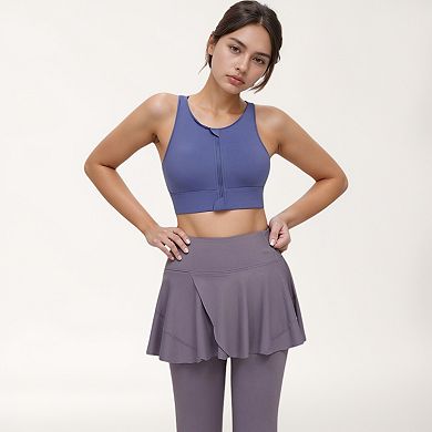 Women's Front Zip Sports Crop Top with Scoop Neck and Wide Straps for Support