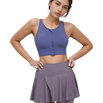 Women's Front Zip Sports Crop Top with Scoop Neck and Wide Straps for Support